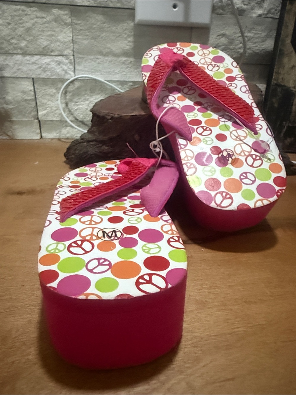 Pink Platform Flip Flops with Colorful Peace Sign Dots